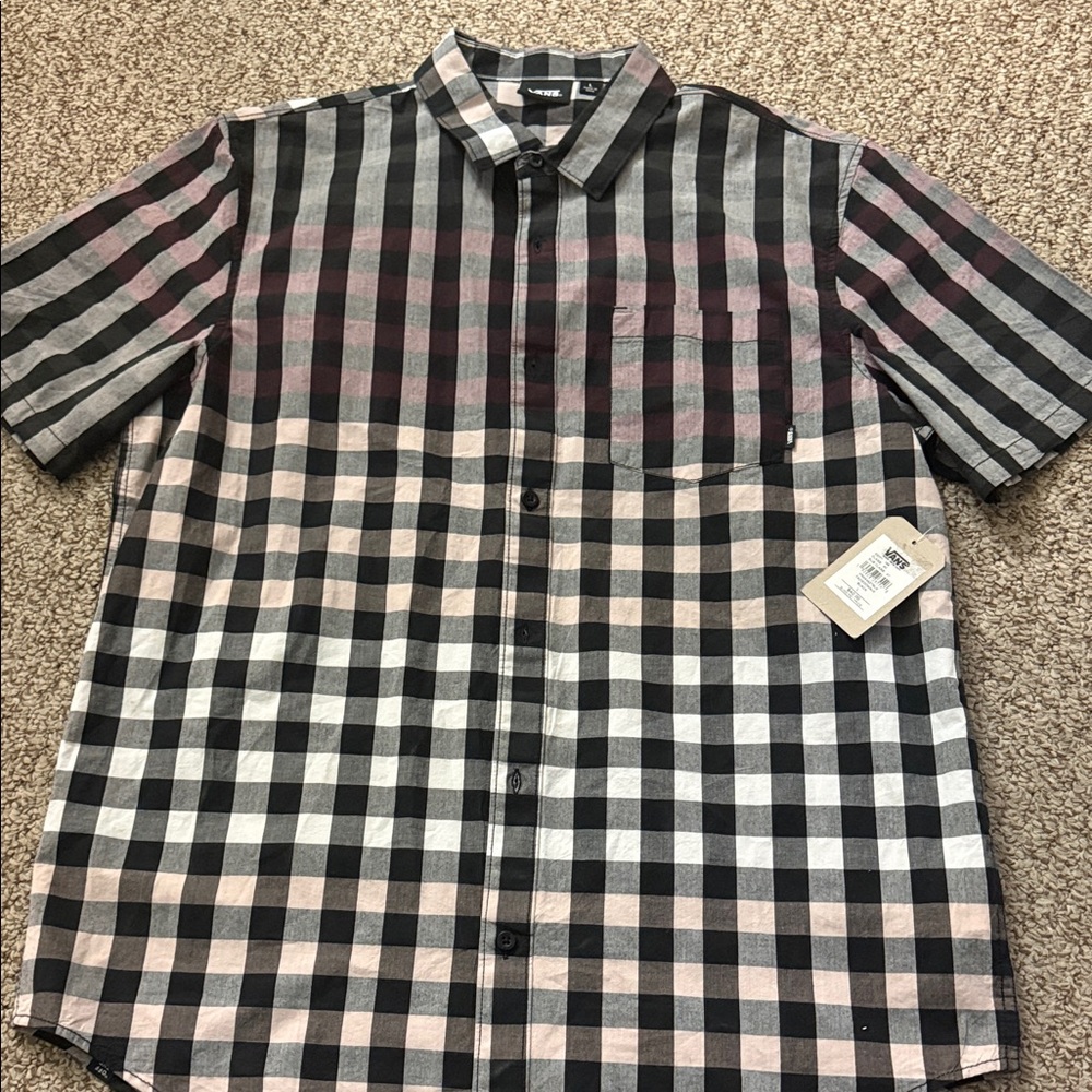 Vans Men’s Short-Sleeve Plaid Button-Up Shirt - Black & Pink